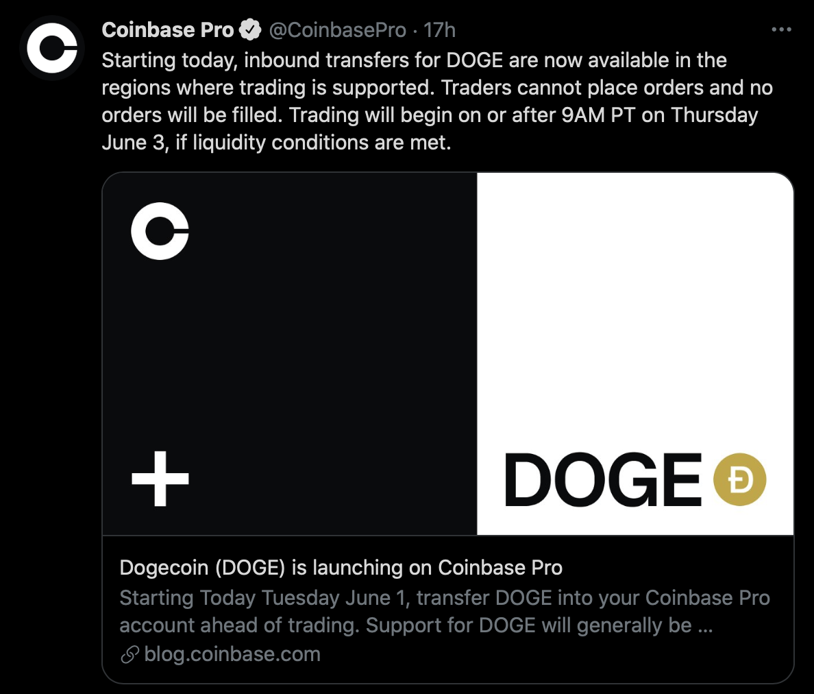 coinbase tweet Doge