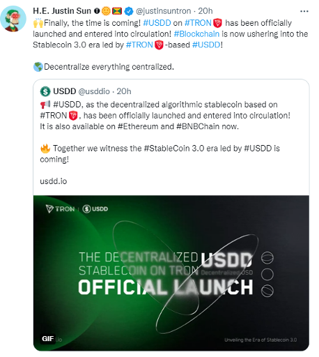 Tron USDD Justin Tweet